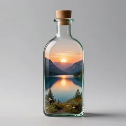 a bottle with a lake, mountains and sunset inside, realistic, concept art, studio photo, well detailed, 8k