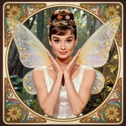 audrey hepburn as a fairy with wings, inspired by artgerm and tinkerbell, border and embellishments by alphonse mucha, classic beautiy, flowers in hair, angelic, in the forest