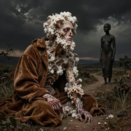 a lost soul covered in fungus, by asaf hanuka, by caspar david friedrich, by wangechi mutu, by zdzisław beksinski, divine, powerful, accent lighting, cotton, corduroy, on path to enlightenment