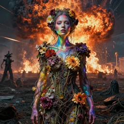 A portrait of a woman wearing clothes made out of dying flowers, nuclear explosion in the background, Masterpiece, rainbow colored skin, glowing, wires everywhere, by Edgar Maxence and Ross Tran, Zdzisław Beksiński, and Michael Whelan, distant, gustav dore, H.R. Giger, 8k, octane render