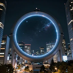 a circle portal to space in a tokyo city, futuristic, viewed from below, digital art, highly detailed, at night, low depth field, trending on artstation