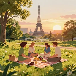 illustration of a picnic in france, 8 k, artstation, volumetric lighting, sunset, illustration, beautiful