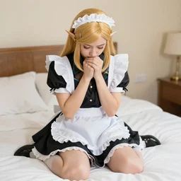 Zelda in a maid costume sits on the bed and is shy