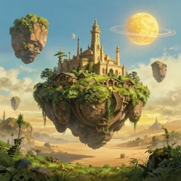 lush and beautiful concept art for the shire, floating rocks, arabian castles, sand, golden sun, planets, lord of the rings, peter jackson, studio ghibli, detailed, realistic lighting, volumetric lighting, golden hour,