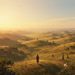 symmetry!! god overlooking a surreal landscape of a dream, lucid dream, people, very detailed, serene, peaceful, golden hour, perfect lighting, perfect composition, digital art, illustration, john howe, tim white, 4 k