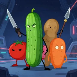 emotions : violent, threatening. actors : cucumber, tomato, potato, carrot. accessories : knife, gun, spear, laser. environment : space station. style : scifi cartoon