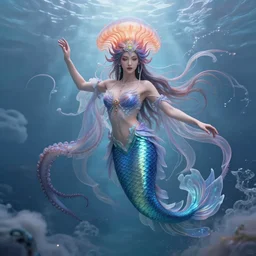 Full body photo of the most beautiful goddess, she has a jellyfish-phoenix head's and a siren body, some tentacles are touching her, she swimming to heaven, by Tooth Wu, trending on Artstation, digital art, symmetrical artwork, cinematic, hyper realism, high detail, octane render, 4k, 8k