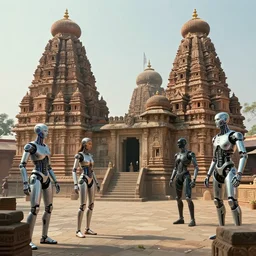 ancient indian civilization with cyberpunk and high tech and cyborg people but with ancient temples of india, photorealistic, 4 k