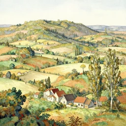 a hiper intricate watercolor of a serene landscape with small houses, extremely detailed, sharp focus, wide view, detailed rought paper, digital illustration, colorfull, by william turner art, by greg rutowski, by carl larson, by edmund dulac