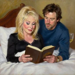 portrait of dolly parton reading a bedtime story to jim carrey in bed, an oil painting by ross tran and thomas kincade