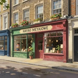 street view of london with cute shops, natural lighting, wide angle, natural color scheme, intricate details, matte painting, illustration, by hayao miyazaki