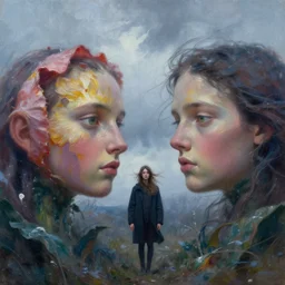 closeup, giant flower head, girl between monsteras, surreal photography, wind and cold, dramatic sky, impressionist painting, digital painting, artstation, simon stalenhag