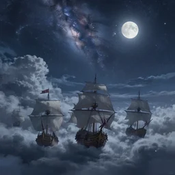a flying armada of carracks and galleons, stormy clouds, fantasy, moon, milky way, stars, soft, by wlop, makoto shinkai, artgerm, artstation, 1 6 k, wide angle