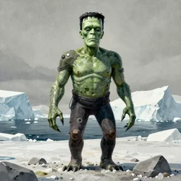 centered detailed, frankenstein's monster in anatarctica, art by jean giraud and moebius, grimy texture, realistic, expressive emotions, blue and white gradient