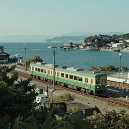 azimuth matte painting of Japan Shonan Enoshima, highly detailed, sea, train, cinematic shot