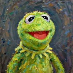 kermit portrait, oil painting, visible brush strokes, by van gogh