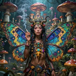 8K Portrait of centered chest up of a psychedelic godlike moth shaman with giant mandala wings smoking a hand-rolled cigarette smoking heavily , magic mushroom village in background , post-processing , award winning. superb resolution. in the art style of junji Ito and greg rutkowski . Detailed Mushroom city in background. Hyper realistic anime. Perfect art. Dalle2