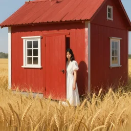 young woman with black hair in a white dress hiding! herself from the sun in the shadow! of a red cottage! in a wheat crop. sharp focus, detailed, realistic, smooth, illustration, elegant, wide angle, trending on artstation. art by eddie mendoza, ( anato finnstark ), and ( randy vargas ).