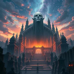 an digital painting of the ancient city surrounded by magic guardians, collosal sculpture of faceless god in the middle, lovecraft style, intricate details, detailed sky, starry night, artstation, epic scenery, colourful sky, cinematic, by marco bucci and vasnetsov