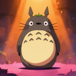 colorful full body shot of a cute totoro, trending on artstation, trending on deviantart ,cinematic backlighting, 8k, symmetrical, correct proportions, hyper detail illustration by tim schafer, by tim burton, by walt disney, orange lights, pink shadows