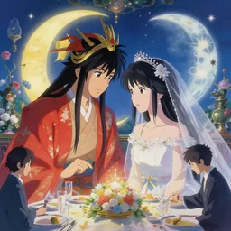 a dreamlike portrait of wedding close up moment of a divine a japan sun god and moon goddess lovers magician at a wedding banquet. highly detailed, digital painting, fantasy wedding screen, 8 k realistic, hyper detailed, by makoto shinkai and akihiko yoshida and hidari and wlop