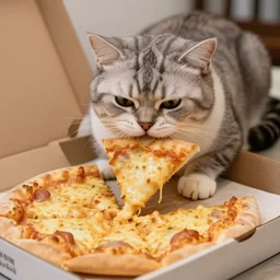 photo of a very fat cat angrily eating a slice of cheesy pizza inside a cardboard box. nikon d 8 5 0 5 5 mm.