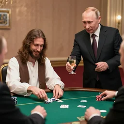 jesus christ playing poker while putin serves drinks and smiles