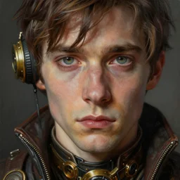 portrait painting of a dieselpunk sad david thewlis as remus lupin, sharp focus, award - winning, beautiful eyes, perfect eyes, trending on artstation, masterpiece, highly detailed, intricate. art by josan gonzales and moebius and deathburger