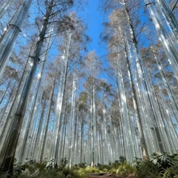 hyper realistic gorgeous lighting, blue sky, highly detailed, transparent glass forest