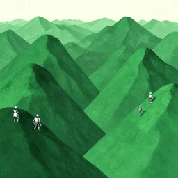green mountains with robots in the middle, by simon stalenhag