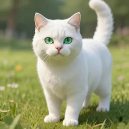 a white cat with green eyes standing in a field, unreal engine, detailed