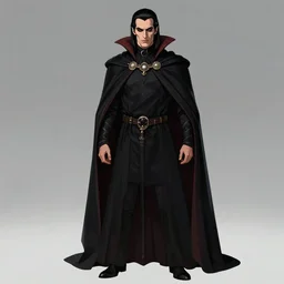 a vampire, male, late - 4 0 s aged, long, slicked black hair, clean shaven, wearing a cape, regal, royal, grim facial expression, high medieval fantasy, full color digital art, cinematic shot, full body shot.