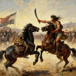 bangla farmer fighting, hand to hand combat with machete, full body view, long flowing hair, deathmatch, glowing eyes, horseback combat attacker foreground, islamic revolution, mongolian invasion of iraq, invading army background, classicism artstyle, sharp brushstrokes