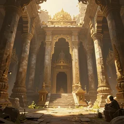 The interior of an mytical and ancient temple in ruins, hyperdetailed, artstation, cgsociety, golden hour 8k