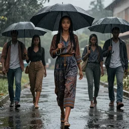 beautiful ethiopian woman in the rain, extremely detailed, sharp focus, wide view, full body shot, smooth, digital illustration, by, james jean, by rossdraws, frank franzzeta, sakimichan, jeremy lipking, gerald brom