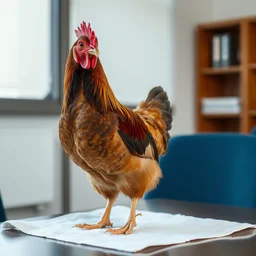 a stately close - up photograph of a chicken on a white cloth on an office table