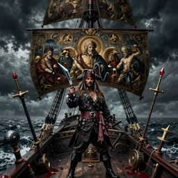 pirate captain hunter from bloodborne on a sailing vessel, the view is from behind, bloodborne trick weapons, ocean, dark, stormy, gothic horror, renaissance painting, michelangelo