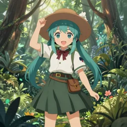 an illustration of reimu in the jungle wearing bonnet