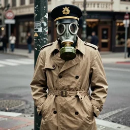a trenchcoat soldier wearing a gasmask and officer hat, standing on street corner, gritty, noir s-150