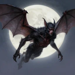 sinister male, concept art, horror, body is covered in bat - fur, he has wings and flies on a moonlit night, dynamic pose, top lighting, realistic shaded, pastel shades, expressively loose brush strokes, perfect face, 8 k realistic, hyper detailed, digital painting, artstation, art by michael whelan