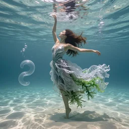 a beautiful woman with long hair dancing underwater wearing a very long flowing dress made of many translucent filigreed layers of silver and green lace seaweed, gentle ocean waves above cause the flicker of caustics lighting on the soft sandy bottom, bubbles flicker with large translucent silver swirling shapes in the background, octane render, cinematic, hyperdetailed