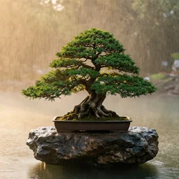 photo bonsai cedar on a small angular rock in the water, gold hour, soft lighting, rain, medium full shot, volumetric lighting, beautiful, ultra detailed, 3 5 mm, fujifilm, cinematic