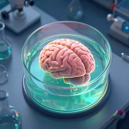 overhead view, alien brain in a large glass container filled with liquid, sitting on the table of a science laboratory, octane, trending on artstation, volumetric lighting — w 6 4 0