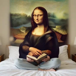a young woman wearing glasses is sitting on a bed reading a book!, looks like mona lisa, sharp focus, hyper realistic, soft colors, centered, insanely detailed, wide shot, a painting by leonardo da vinci