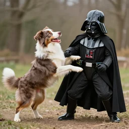 australian shepherd fighting darth vader