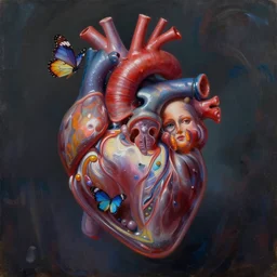 “whimsical imaginal cephalopods emerging like butterflys from a cocoon that looks like a photorealitic anatomical visceral human heart, in the surreal style of an oil painting by leonora carrington, johfra bosschart and kandinsky”