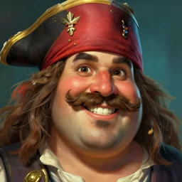 sea of thieves style vibrant face portrait of an obese chubby friendly smiling pirate with a big bushy mustache moustache, highly detailed, shoulders up, digital painting, artstation, concept art, sharp focus, illustration, art by artgerm and greg rutkowski and alphonse mucha