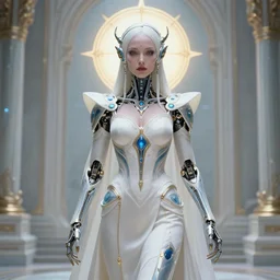 portrait of a cyborg, necromancer, benevolent, scifi, futuristic, elegant clothing, intelligent, alien room background, white, blue, gold, highly detailed, trending on artstation, soft light, holy machine, advanced technology, art by vitaly bulgarov and nivanh chanthara