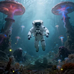astronaut underwater with jelly fish in a foggy bioluminescent mushroom forest, rainbow fireflies, creepy creatures hiding in long shadows, Donato Giancola, Mark Brooks, Ralph Horsley, Charlie Bowater, Artgerm, Christopher Balaskas, Bastien Lecouffe-Deharme