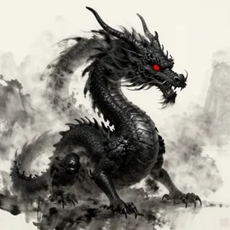 black oriental dragon, eastern dragon with red eyes, beksinski fantasy art